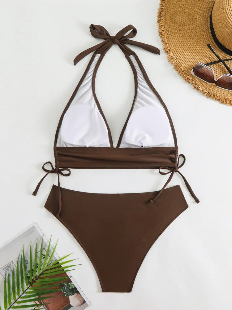 Solid Halter V-Neck Bikini Set
