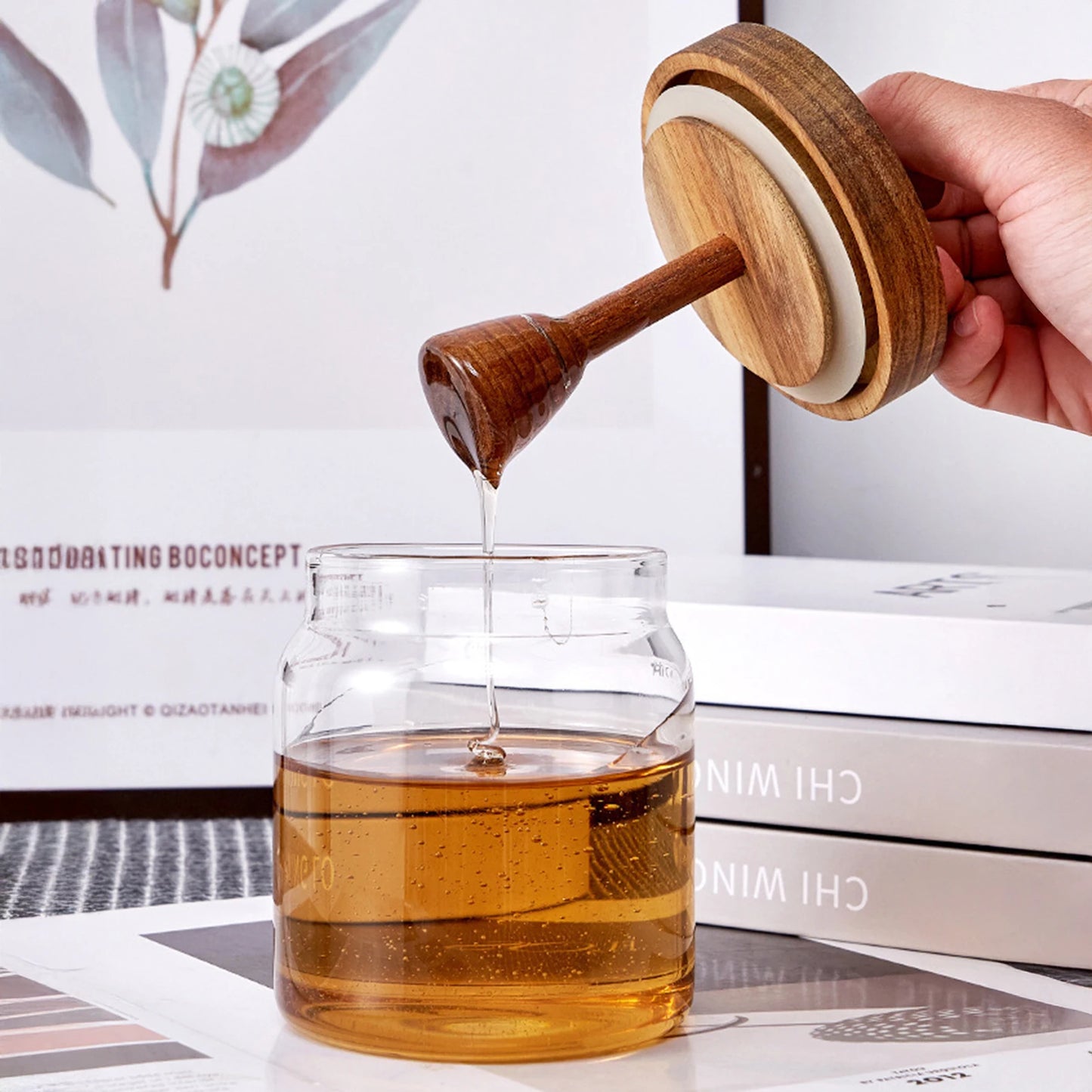 Glass Storage Bottles Honey Jars with Dipper and Lid Wide Mouth Honey Containers Syrup Dispenser for Storing Honey and Syrup