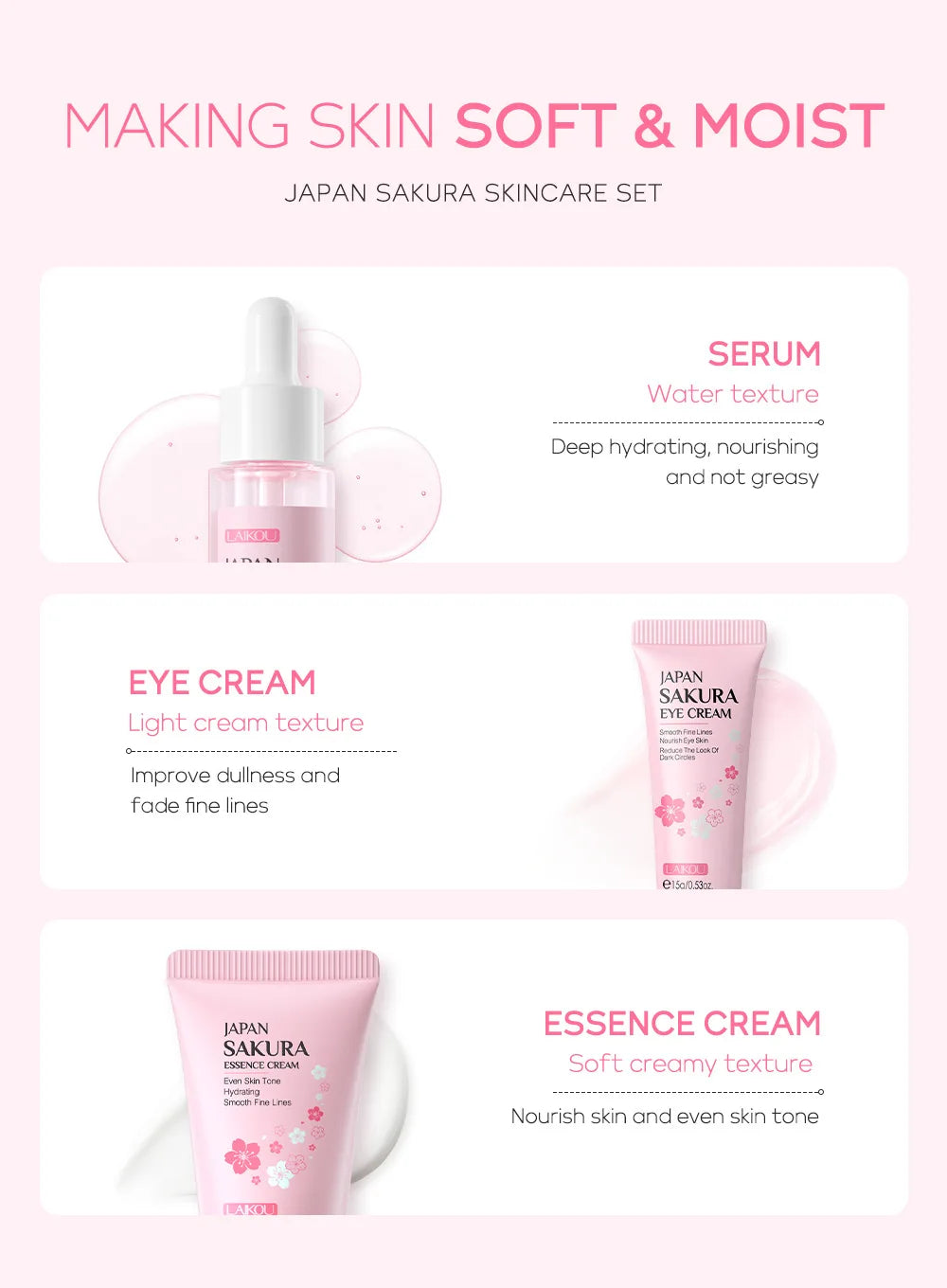 LAIKOU 3pcs Vitamin C Sakura Snail Essence Skincare Set