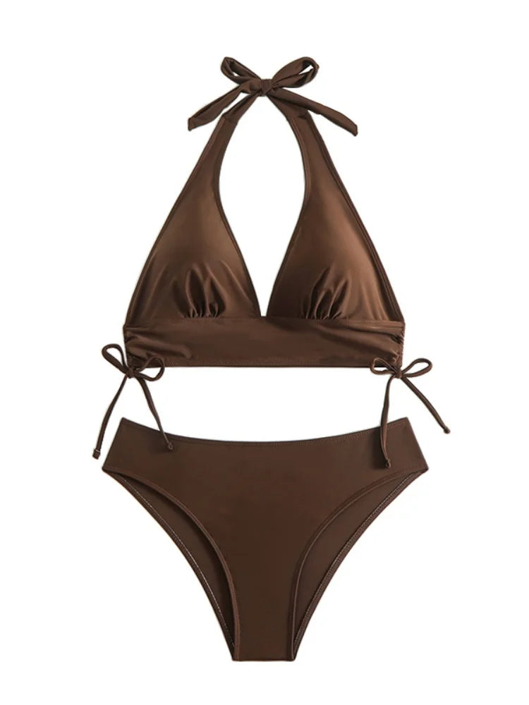 Solid Halter V-Neck Bikini Set