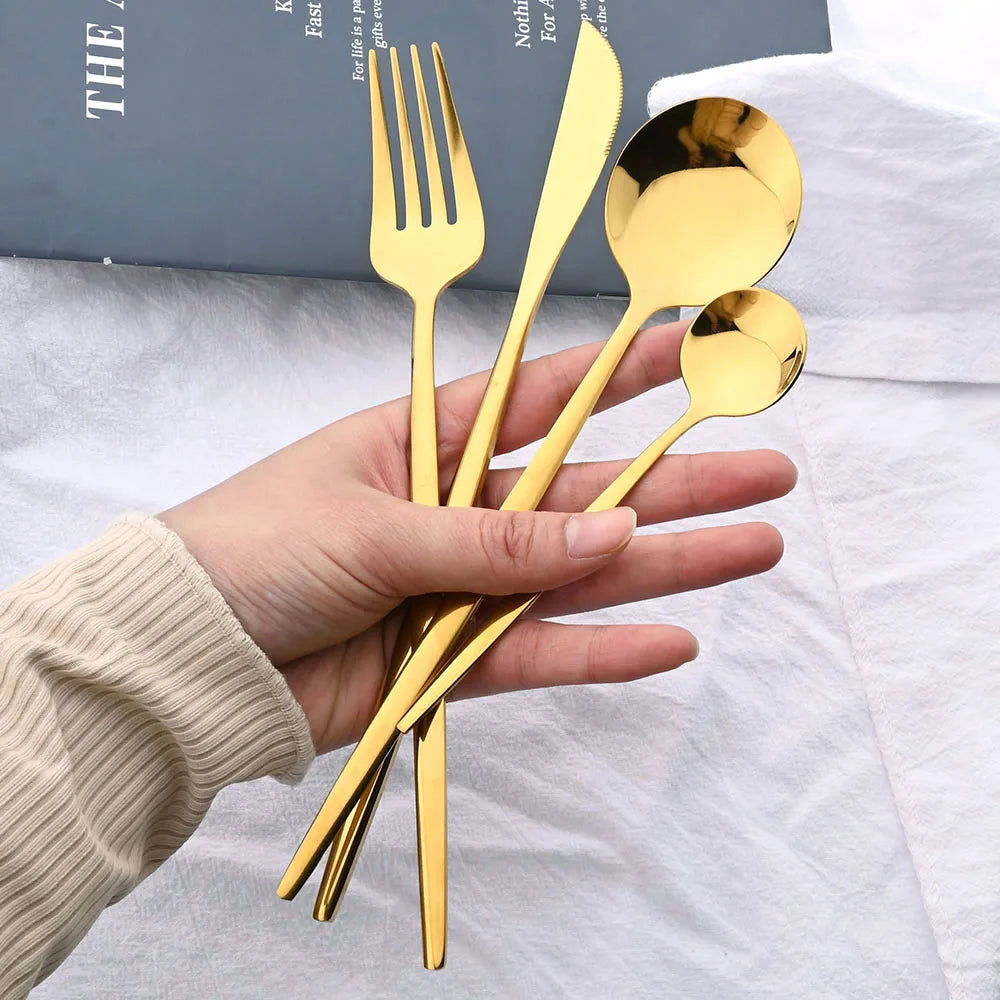 24-Piece Black Handle Golden Cutlery Set