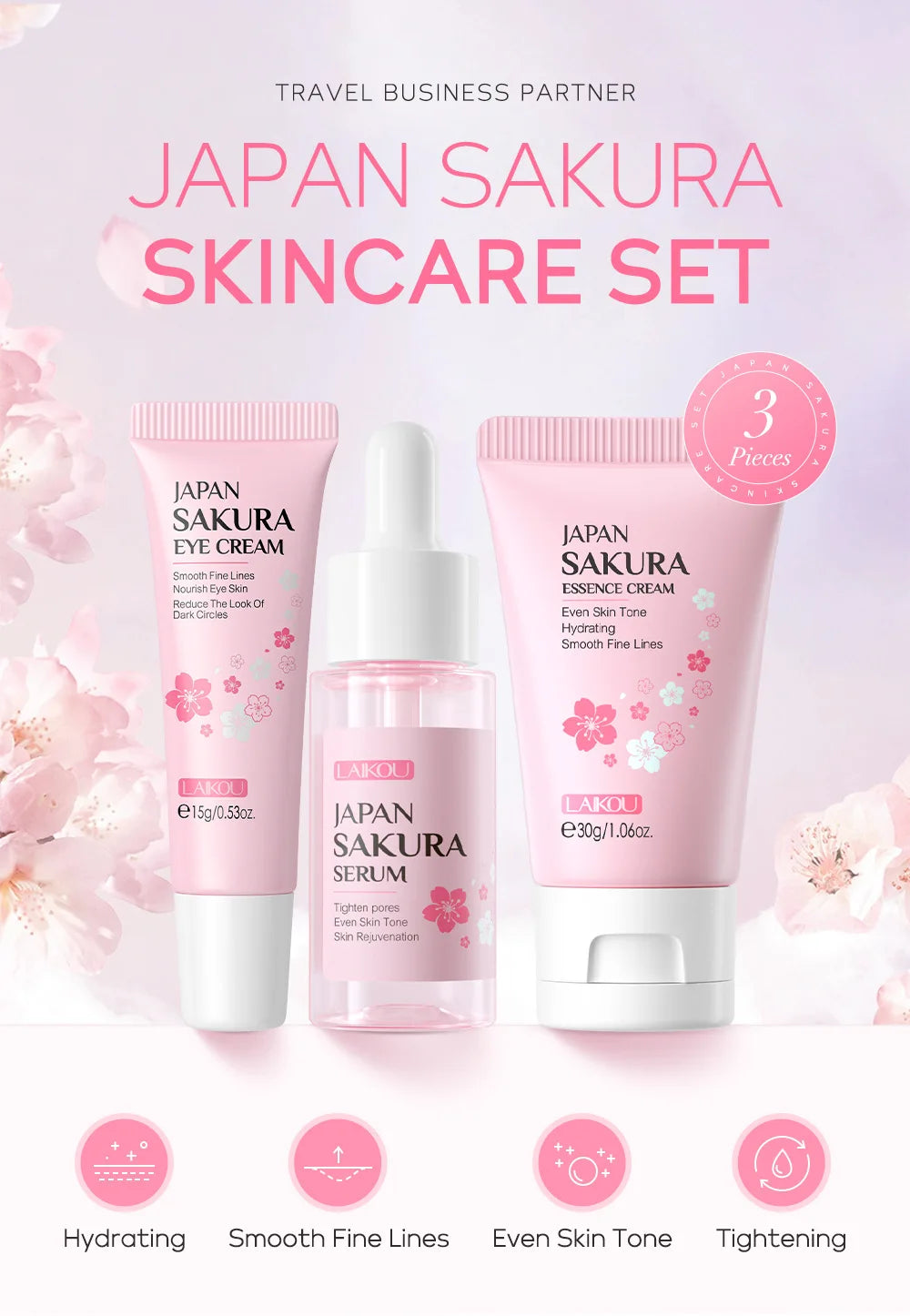 LAIKOU 3pcs Vitamin C Sakura Snail Essence Skincare Set