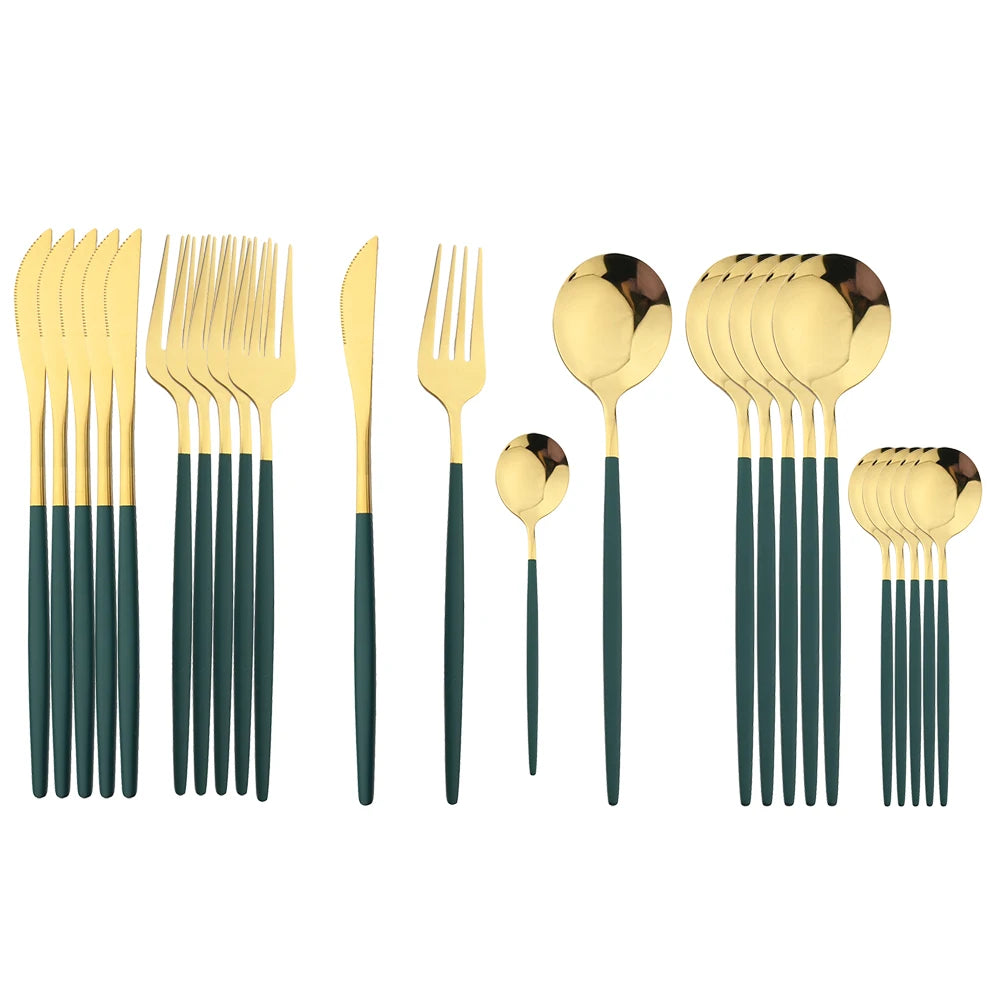 24-Piece Black Handle Golden Cutlery Set