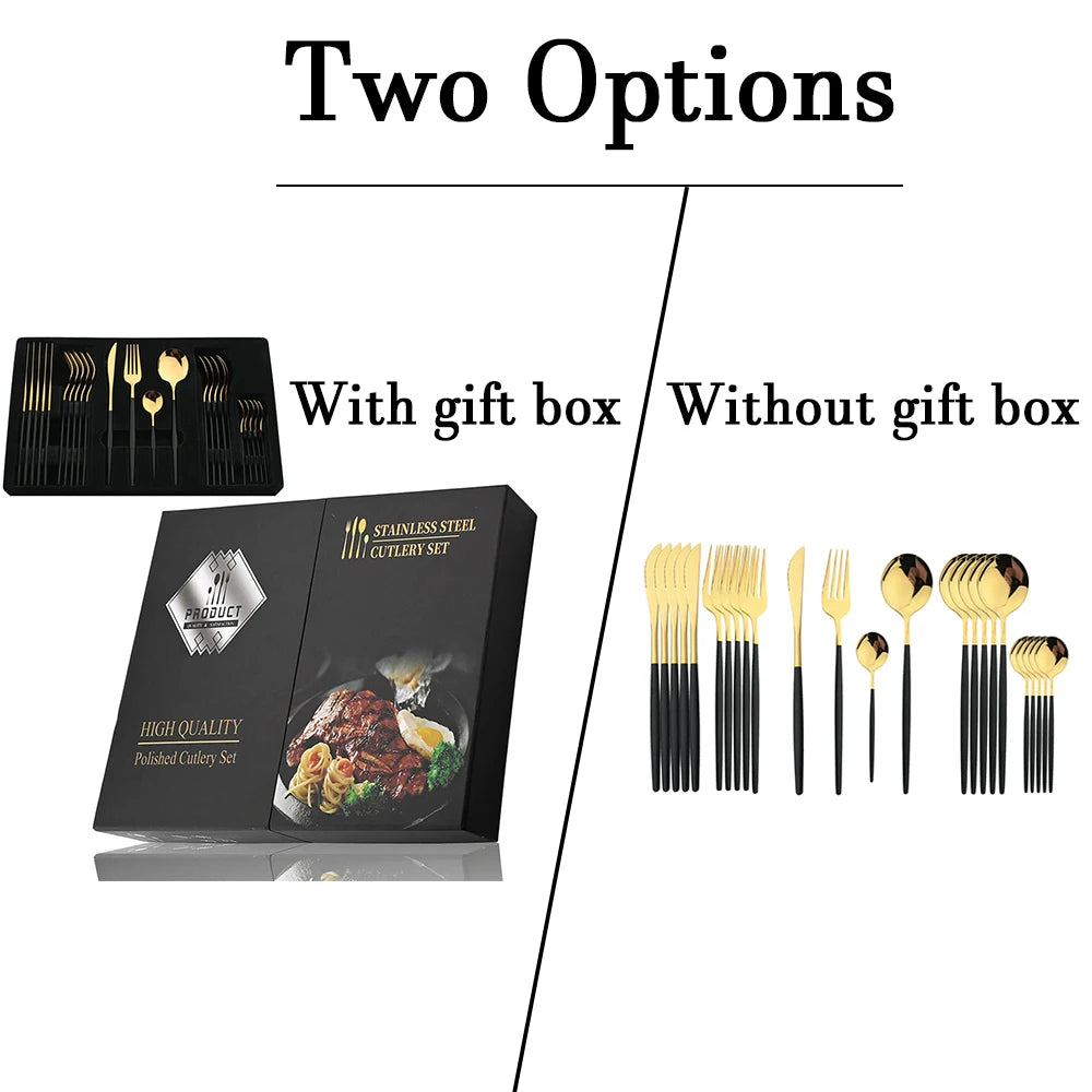 24-Piece Black Handle Golden Cutlery Set