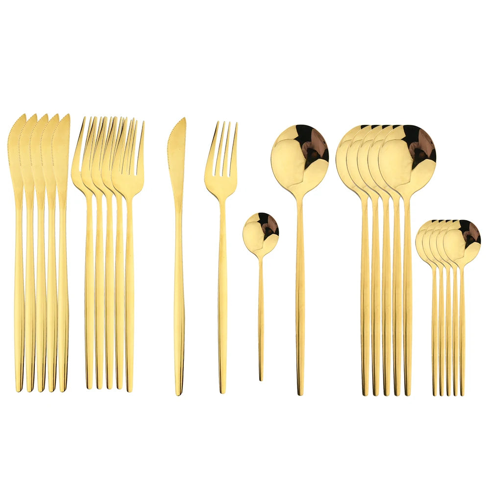 24-Piece Black Handle Golden Cutlery Set