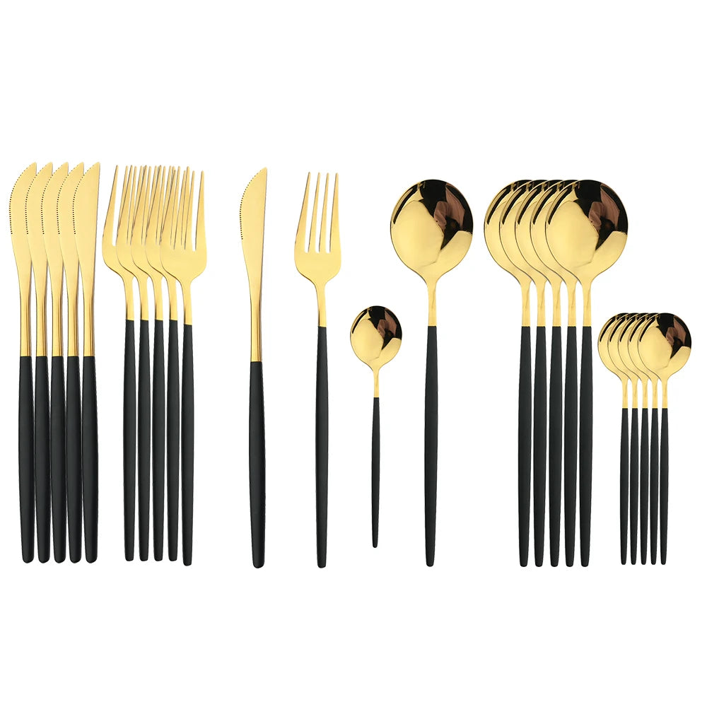 24-Piece Black Handle Golden Cutlery Set