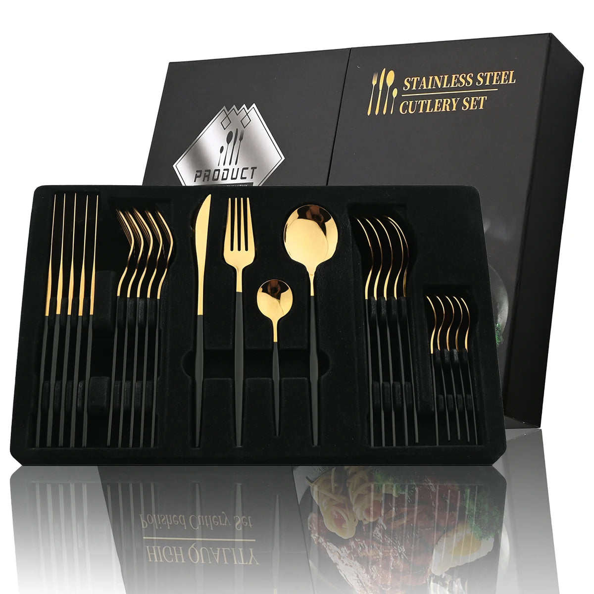24-Piece Black Handle Golden Cutlery Set