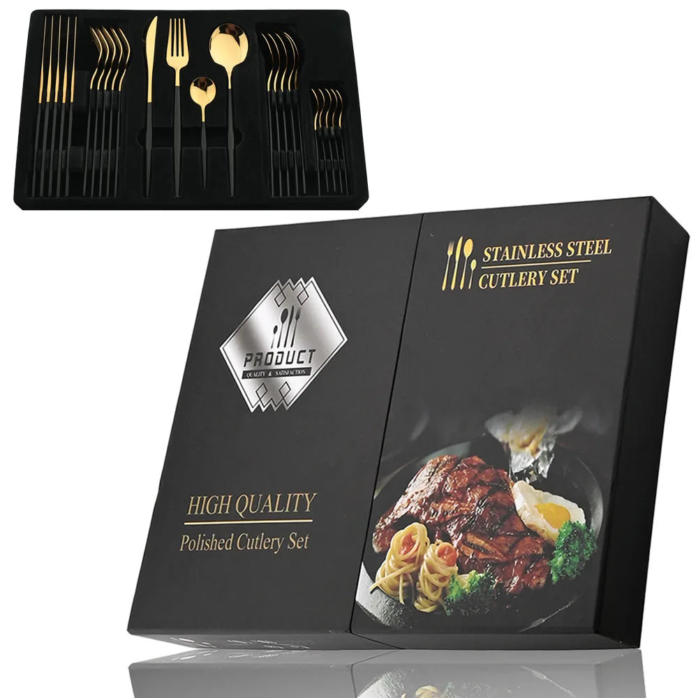 24-Piece Black Handle Golden Cutlery Set