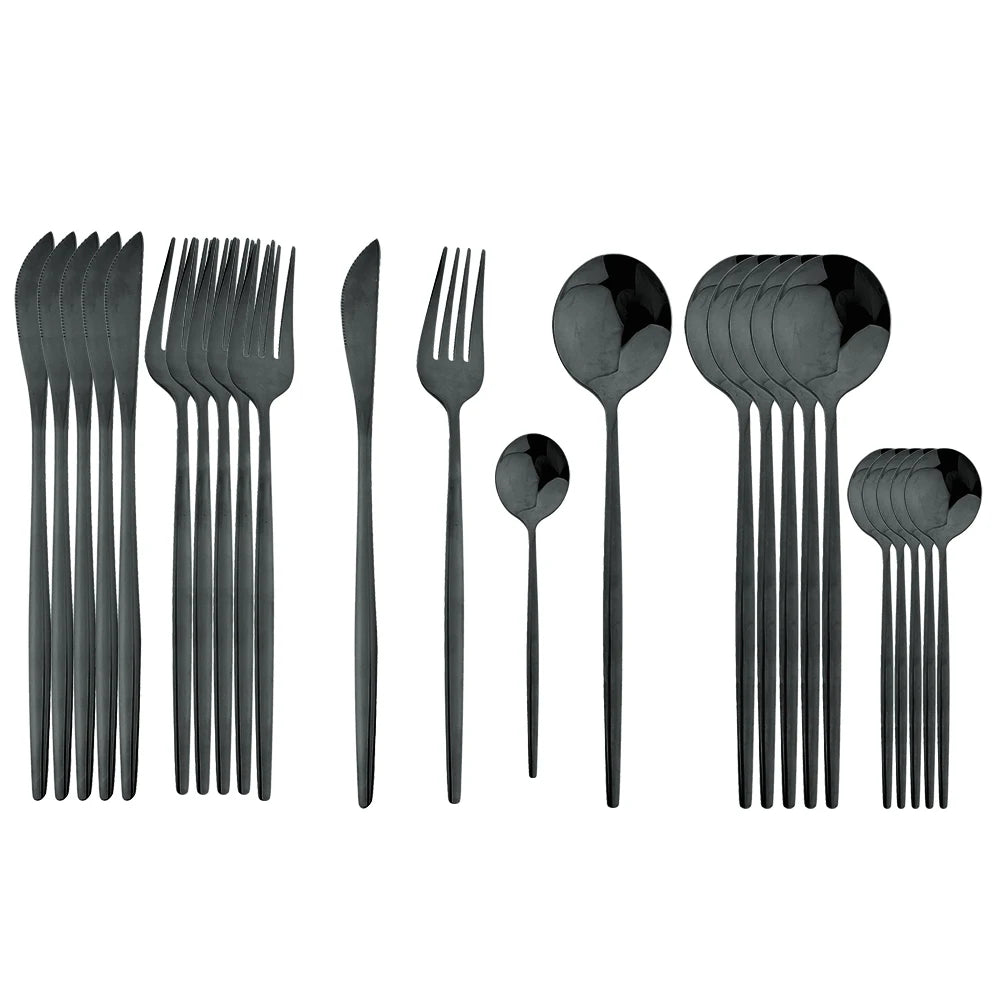 24-Piece Black Handle Golden Cutlery Set