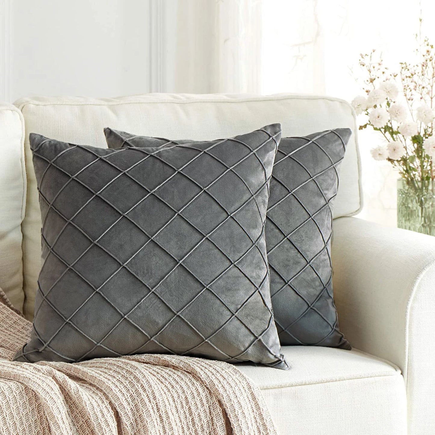 Velvet Cushion Covers – Dark Gray Plaid