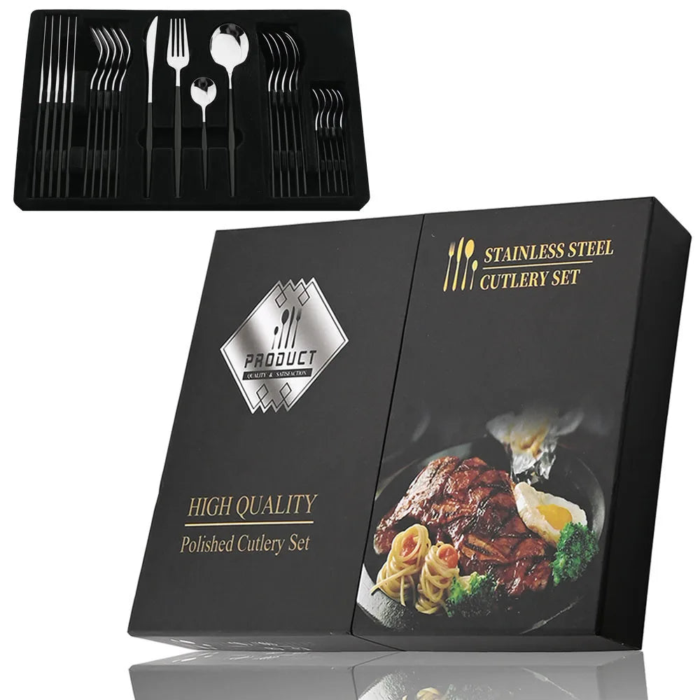 24-Piece Black Handle Golden Cutlery Set