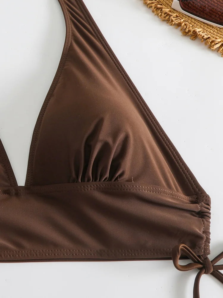 Solid Halter V-Neck Bikini Set