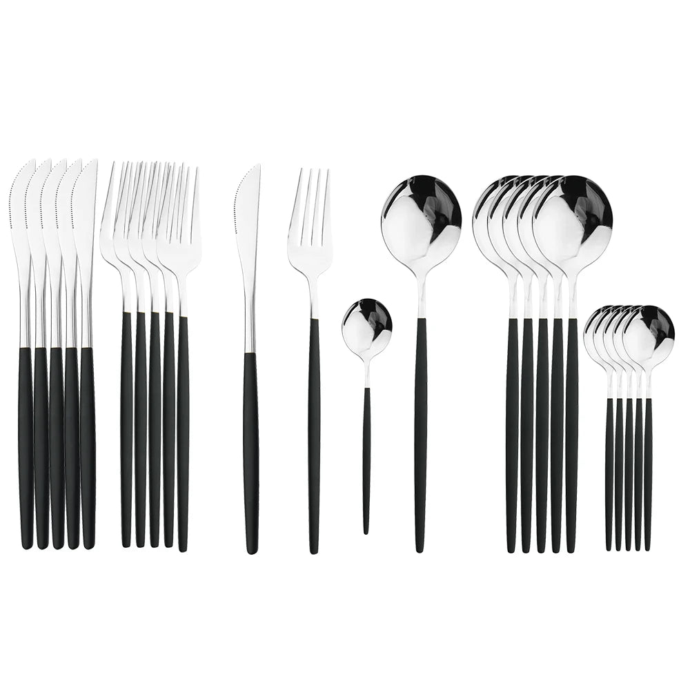 24-Piece Black Handle Golden Cutlery Set