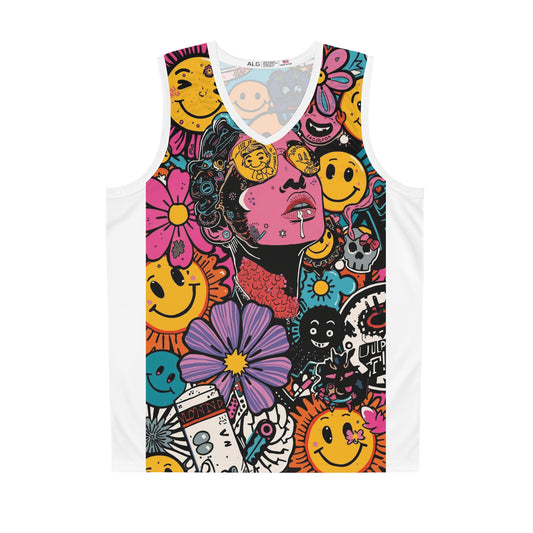 Vibrant Graphic Basketball Jersey, Colorful AOP Sportswear for Men, Trendy Summer Outfit, Fun Gift for Athletes, Unique Streetwear