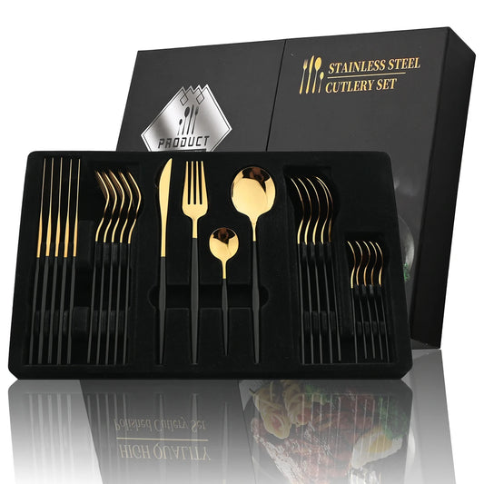 24-Piece Black Handle Golden Cutlery Set