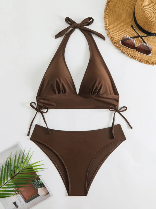 Solid Halter V-Neck Bikini Set